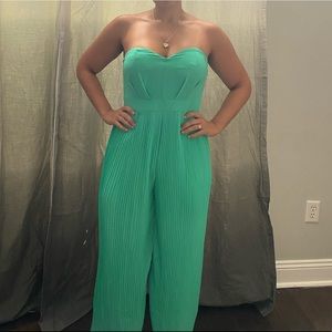 Teal pleated jumpsuit sweetheart neckline